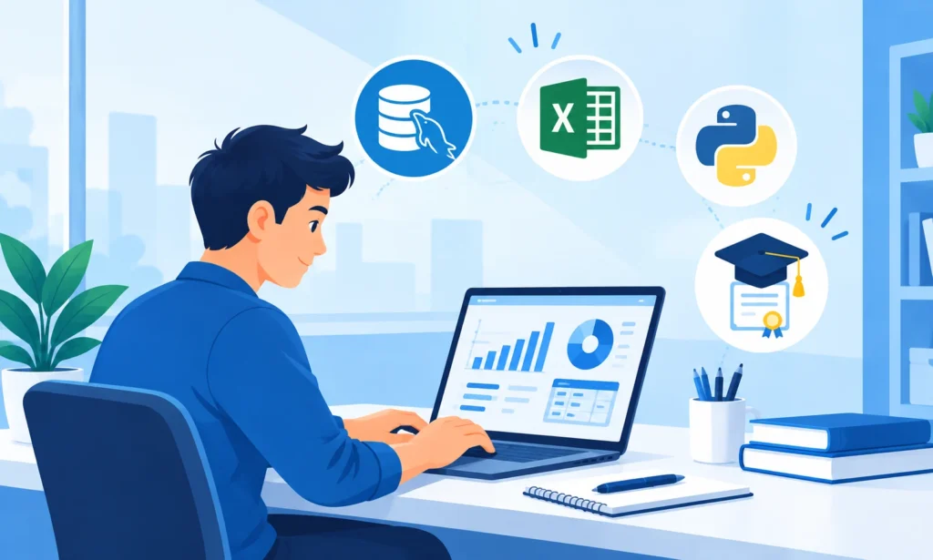 Person working on a laptop with data dashboard graphics, surrounded by SQL, Excel, Python, and certification icons, representing data analytics training and professional development.