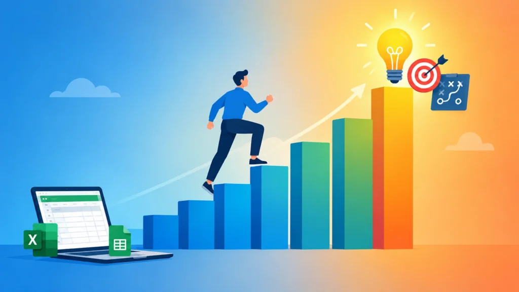 A person climbs ascending bar-chart steps from a laptop with spreadsheet icons toward a glowing lightbulb, target, and strategy symbols against a blue-to-orange gradient background.